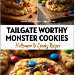 Close-up of thick monster cookies with colorful candies and peanut butter on a wooden cutting board.